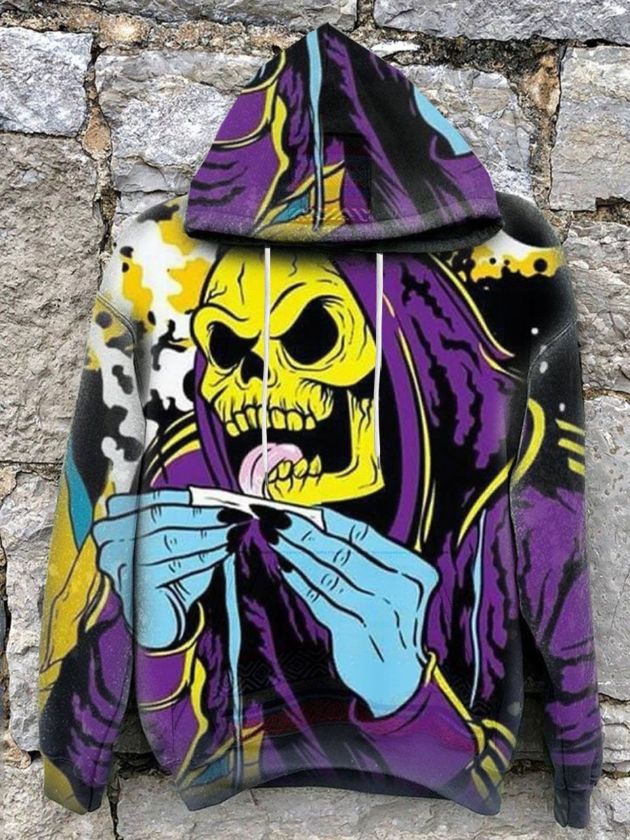 Men DJ T-Shirts | Patchwork Skull Pullover Ethnic Hoodies Purple