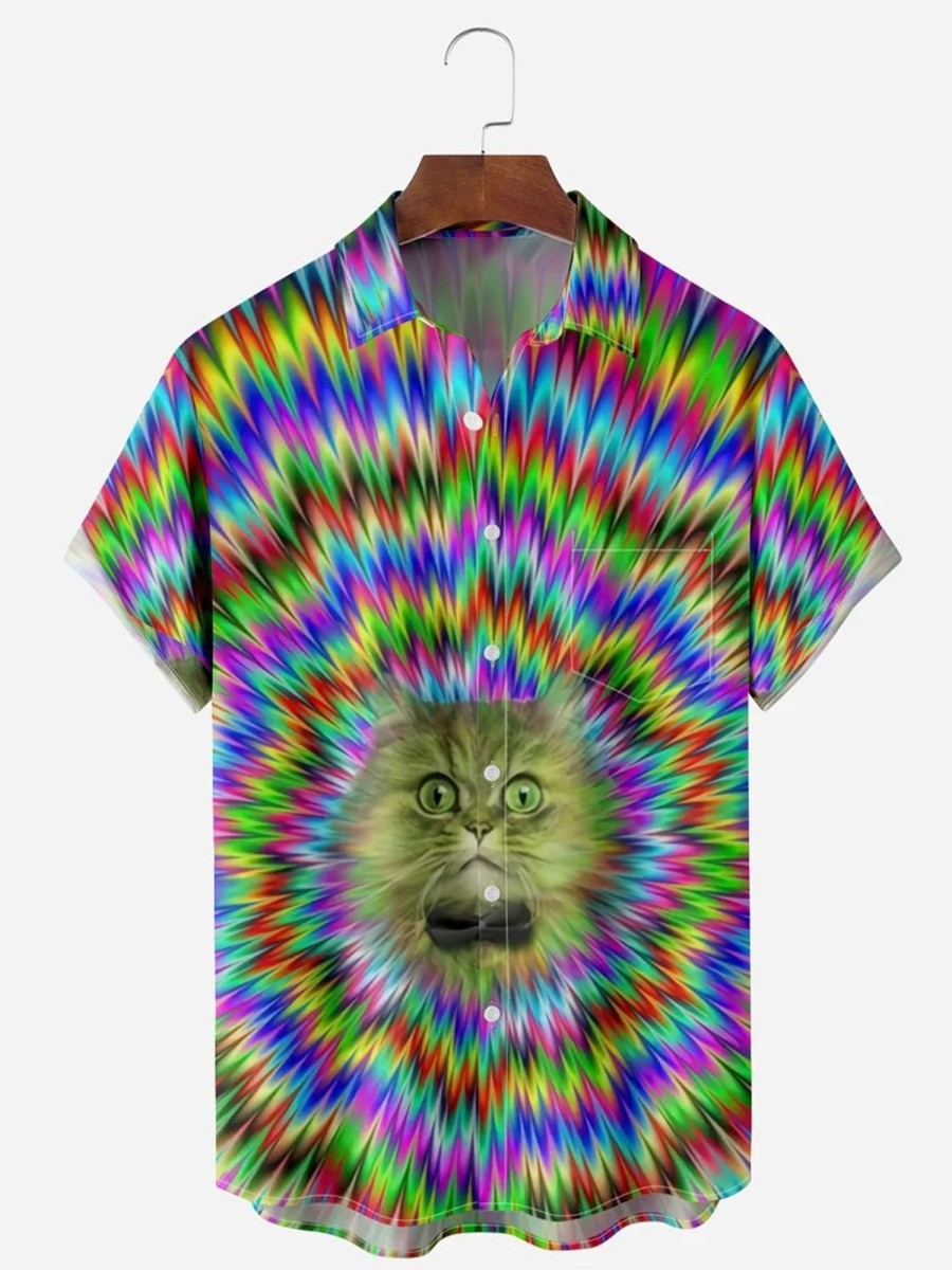 Men HLJ Shirts | Colorful Trendy Cat Pocket Short-Sleeved Shirt Polychromatic