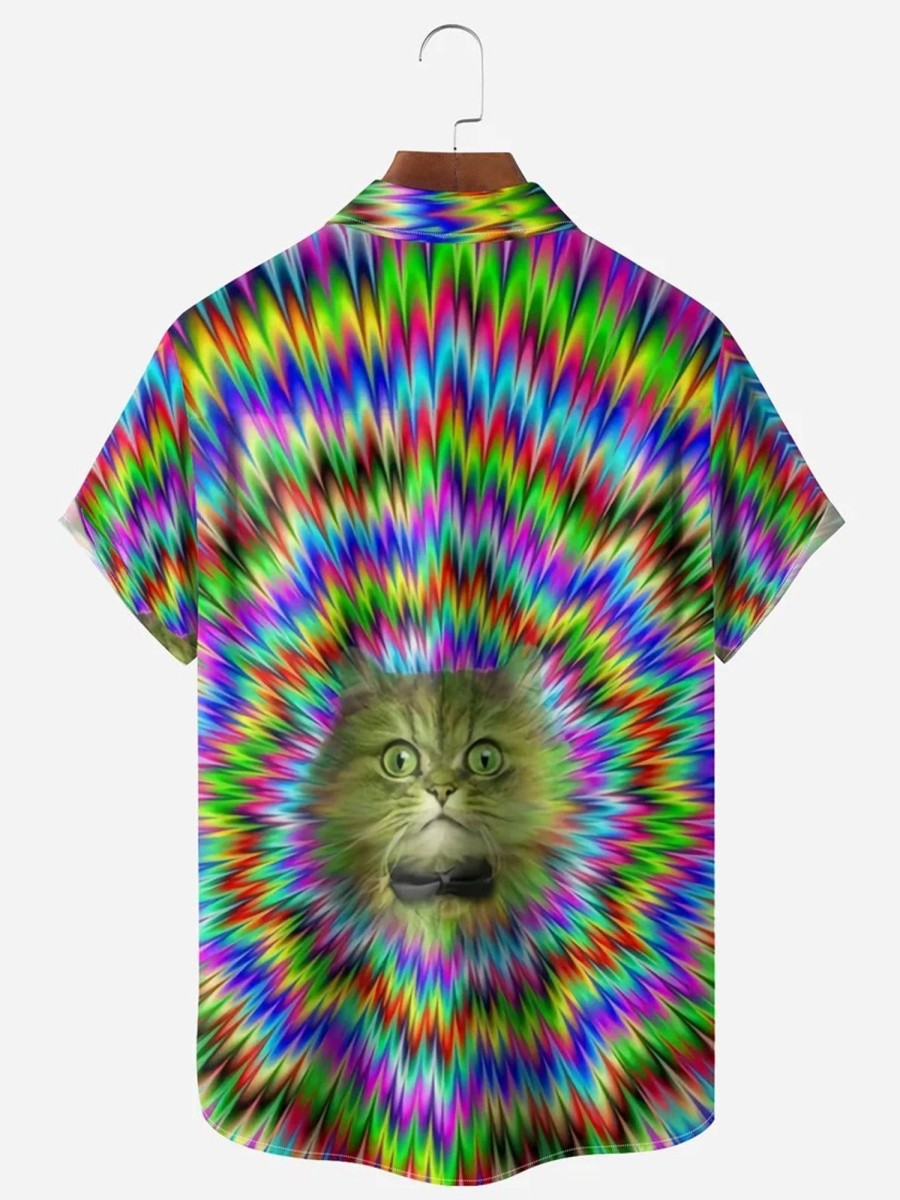 Men HLJ Shirts | Colorful Trendy Cat Pocket Short-Sleeved Shirt Polychromatic