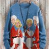 Men DJ Print Sweater | Crew Neck Christmas Party Print Knitted Pullover Sweater Blue