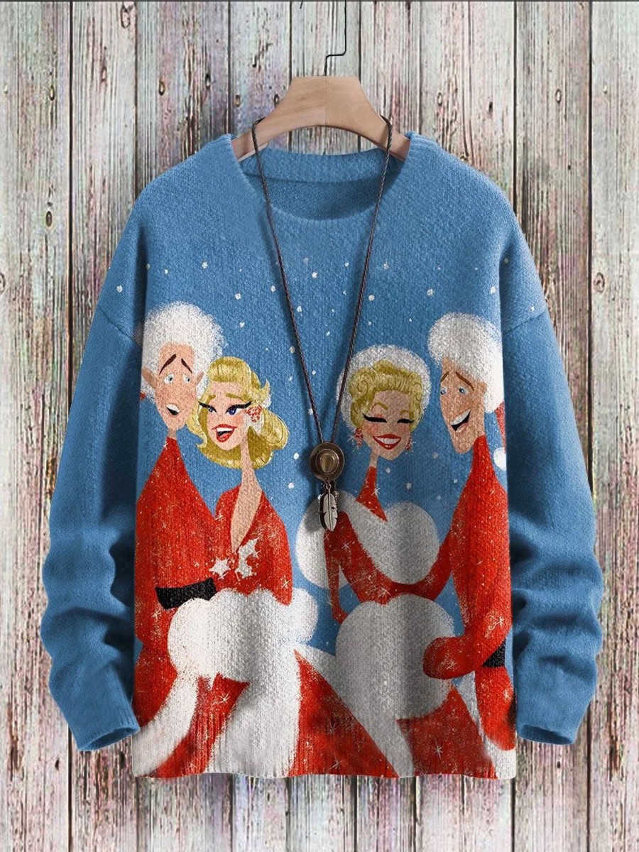 Men DJ Print Sweater | Crew Neck Christmas Party Print Knitted Pullover Sweater Blue