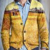 Men BXL Print Cardigan | Men'S Oil Painting Harvest Season Single-Breasted V-Neck Knitted Cardigan Yellow