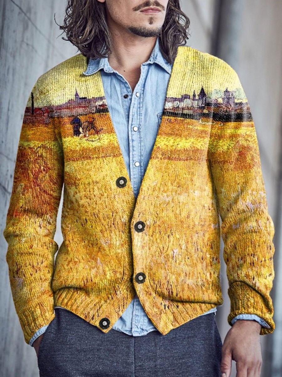 Men BXL Print Cardigan | Men'S Oil Painting Harvest Season Single-Breasted V-Neck Knitted Cardigan Yellow