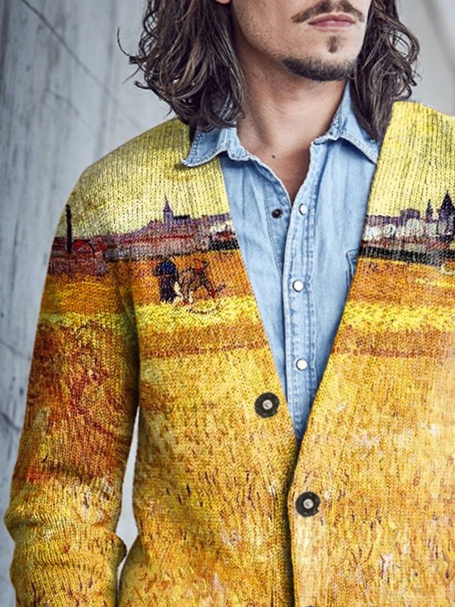 Men BXL Print Cardigan | Men'S Oil Painting Harvest Season Single-Breasted V-Neck Knitted Cardigan Yellow