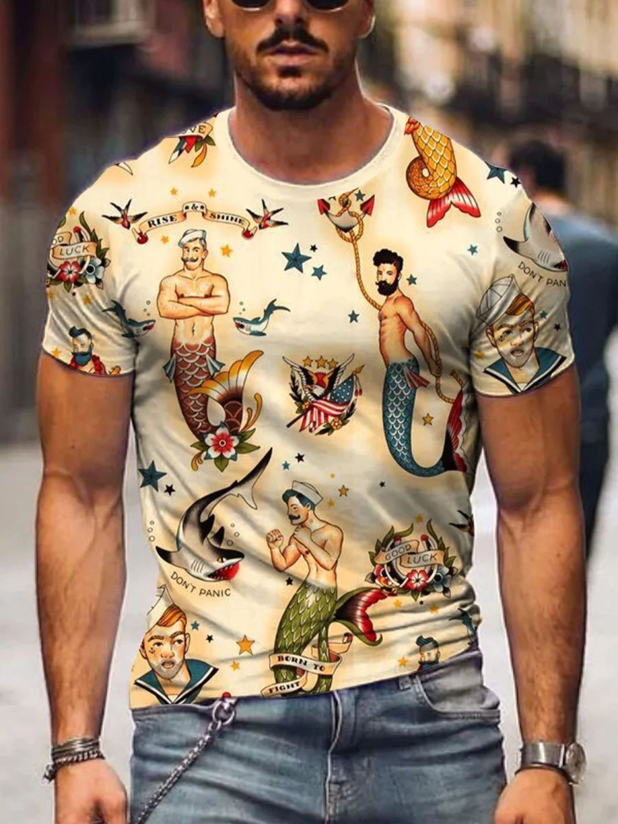 Men DJ T-Shirts | Men'S Vintage Mermaid Sailor Print Short Sleeve T-Shirt Khaki