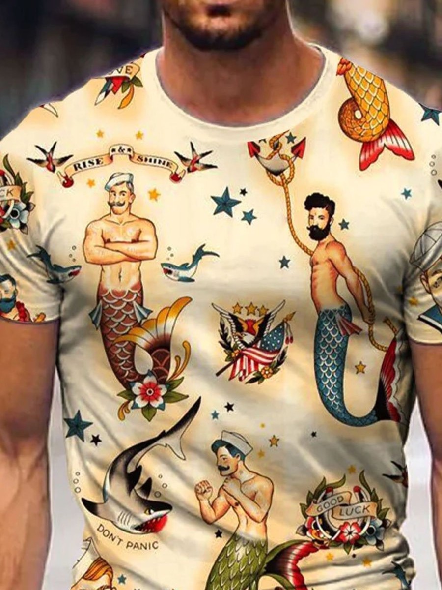 Men DJ T-Shirts | Men'S Vintage Mermaid Sailor Print Short Sleeve T-Shirt Khaki