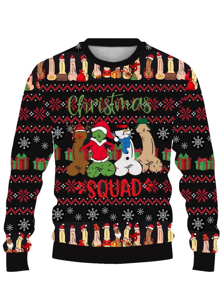 Men DJ Ugly Sweater | Fun Cocks Merry Christmas Printed Casual Crew Neck Sweatshirt Photo Color