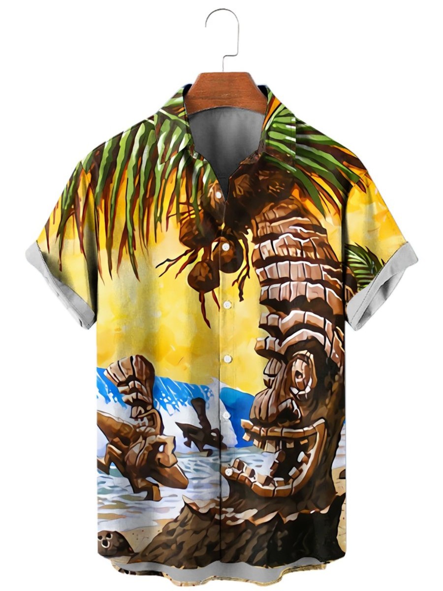 Men HLJ Shirts | Men'S Hawaiian Tiki Surf Short Sleeve Shirt Yellow