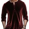 Men BXL Casual Long Sleeve Shirts | Men'S Solid Color Velvet Half Open Collar Casual Long Sleeve T-Shirt Wine Red