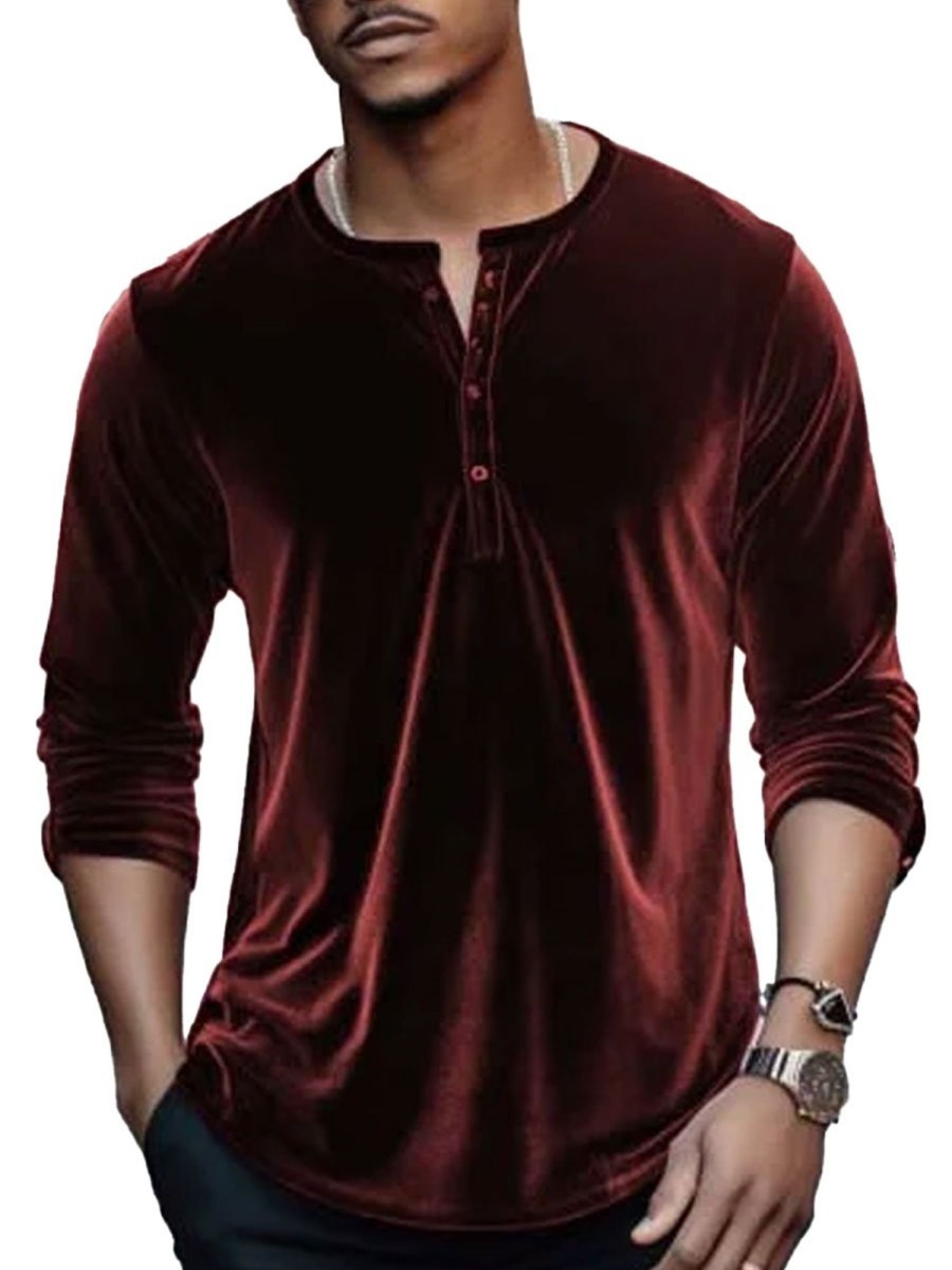 Men BXL Casual Long Sleeve Shirts | Men'S Solid Color Velvet Half Open Collar Casual Long Sleeve T-Shirt Wine Red