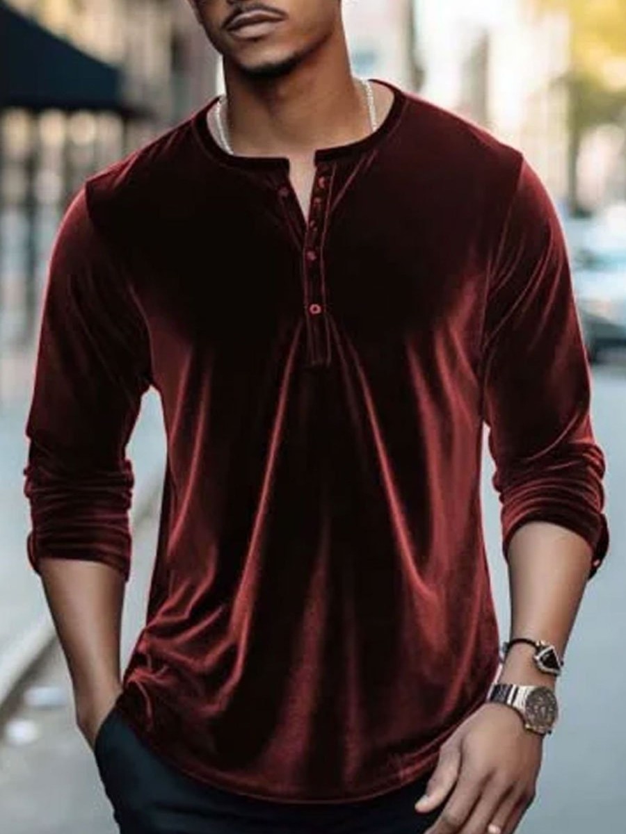 Men BXL Casual Long Sleeve Shirts | Men'S Solid Color Velvet Half Open Collar Casual Long Sleeve T-Shirt Wine Red