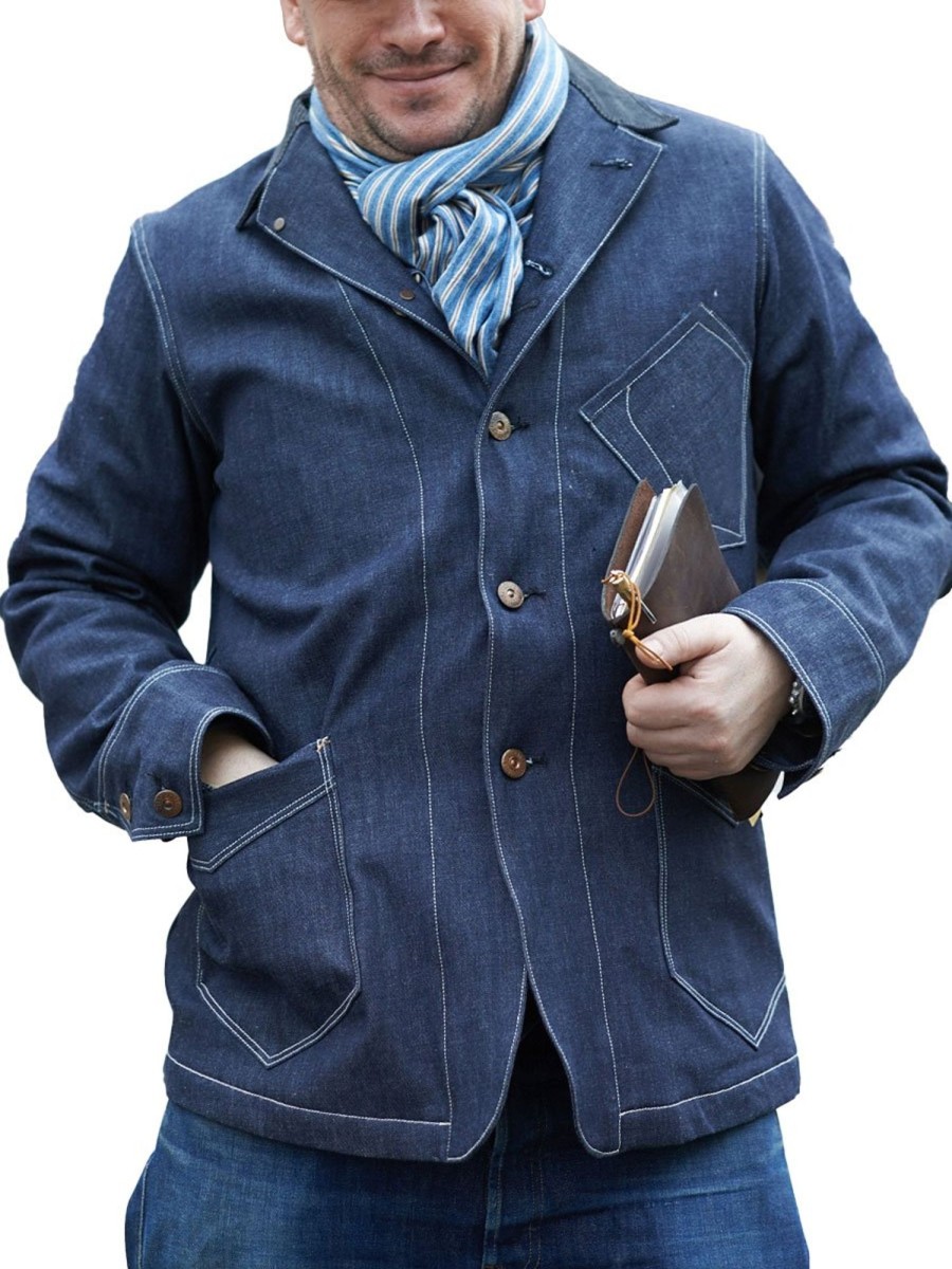 Men BXL Jacket | Men'S Retro Denim Patchwork Multi-Pocket Casual Jacket Dark Blue