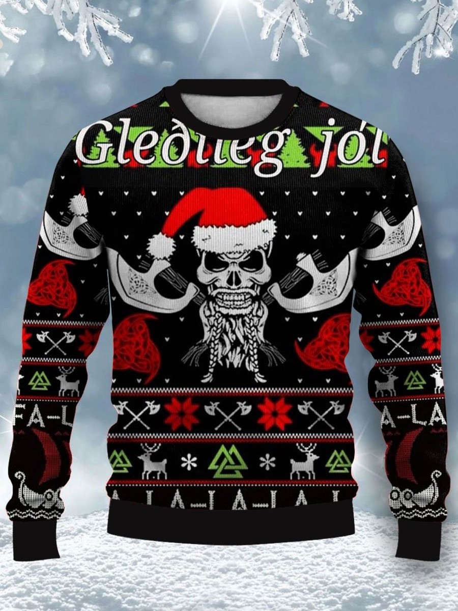 Men BXL Ugly Sweater | Men'S Crew Neck Casual Fun Christmas Skull Print Sweatshirt 65094280Xl Black