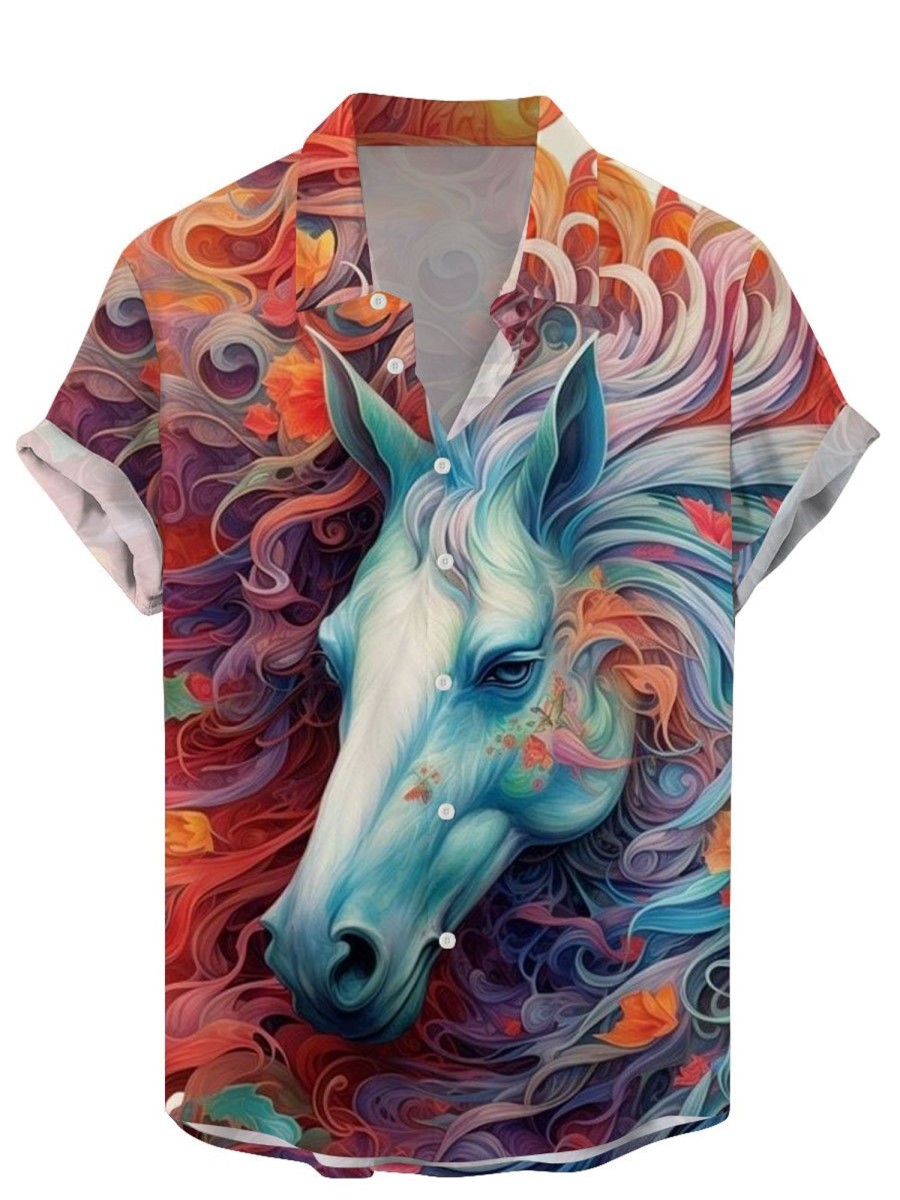 Men BXL Shirts | Rainbow Horse Print Casual Resort Short Sleeve Shirt Photo Color