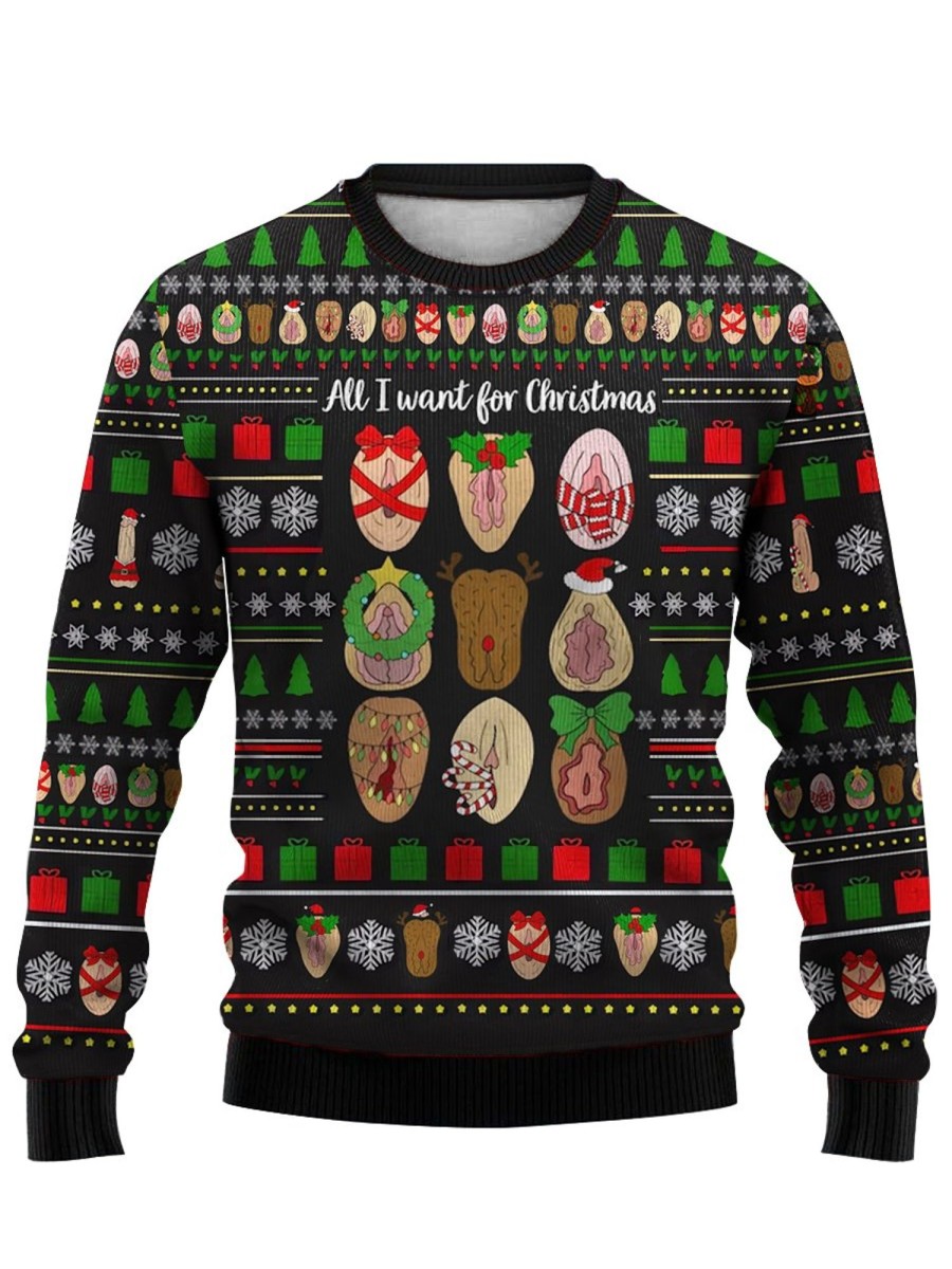 Men DJ Ugly Sweater | Merry Vulvamas Print Crewneck Sweatshirt Black