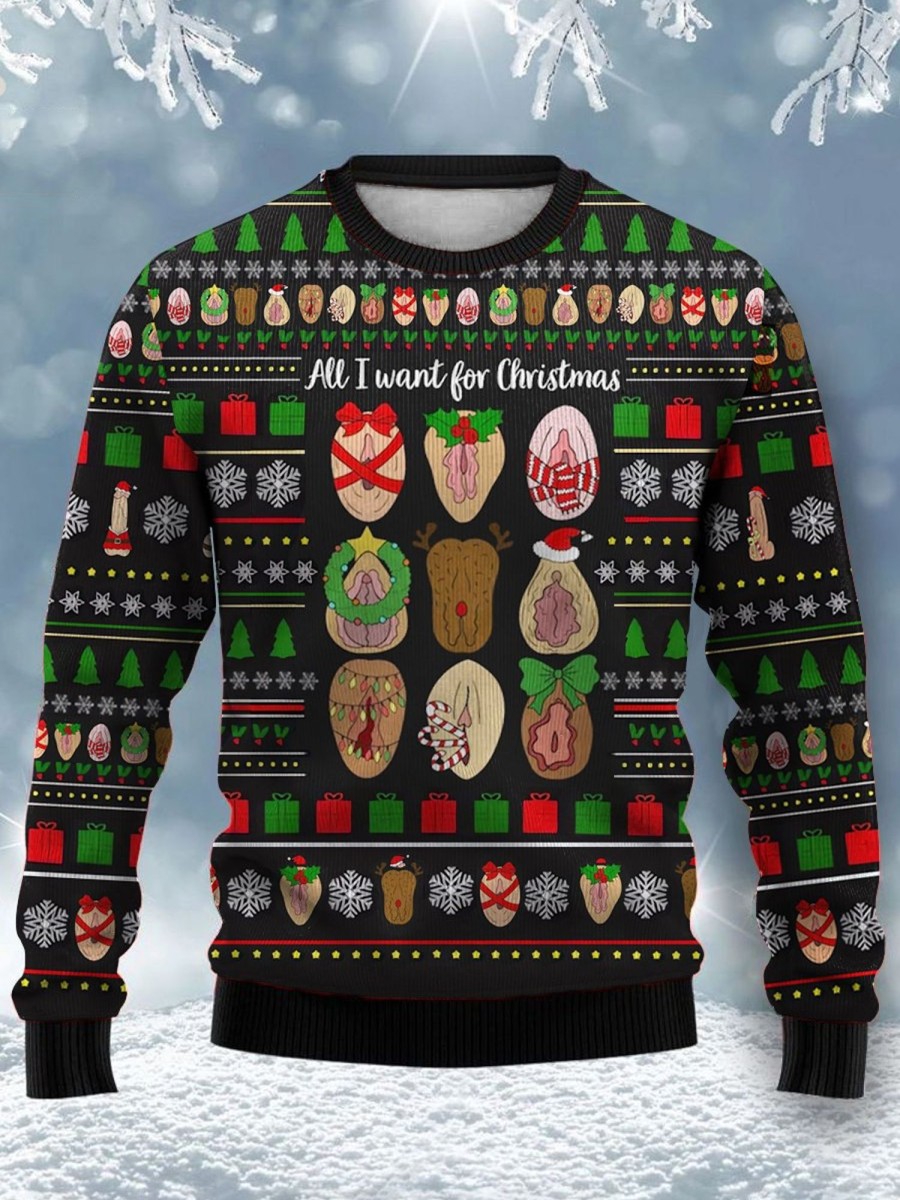 Men DJ Ugly Sweater | Merry Vulvamas Print Crewneck Sweatshirt Black