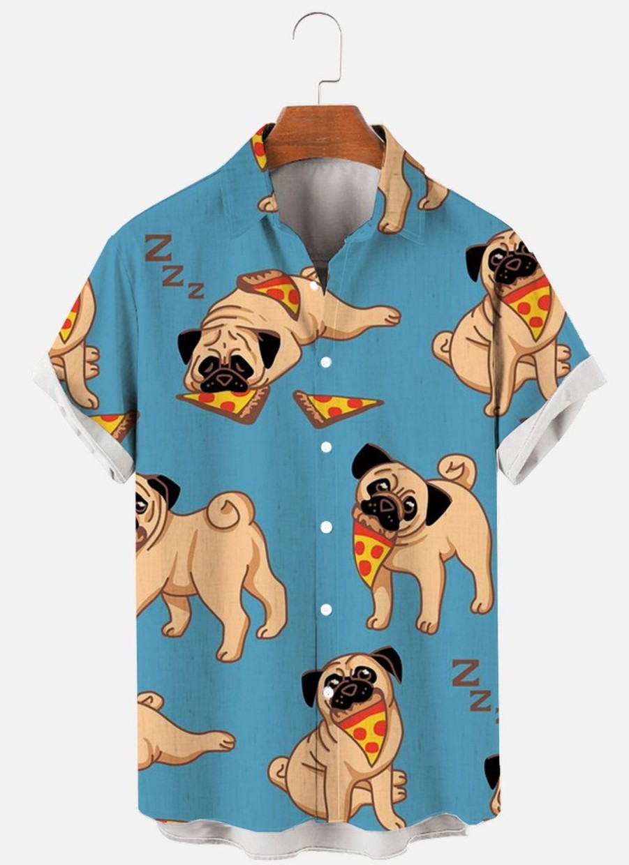 Men findercube Shirts | Men'S Pizza Bulldog Print Short Sleeve Shirt Blue