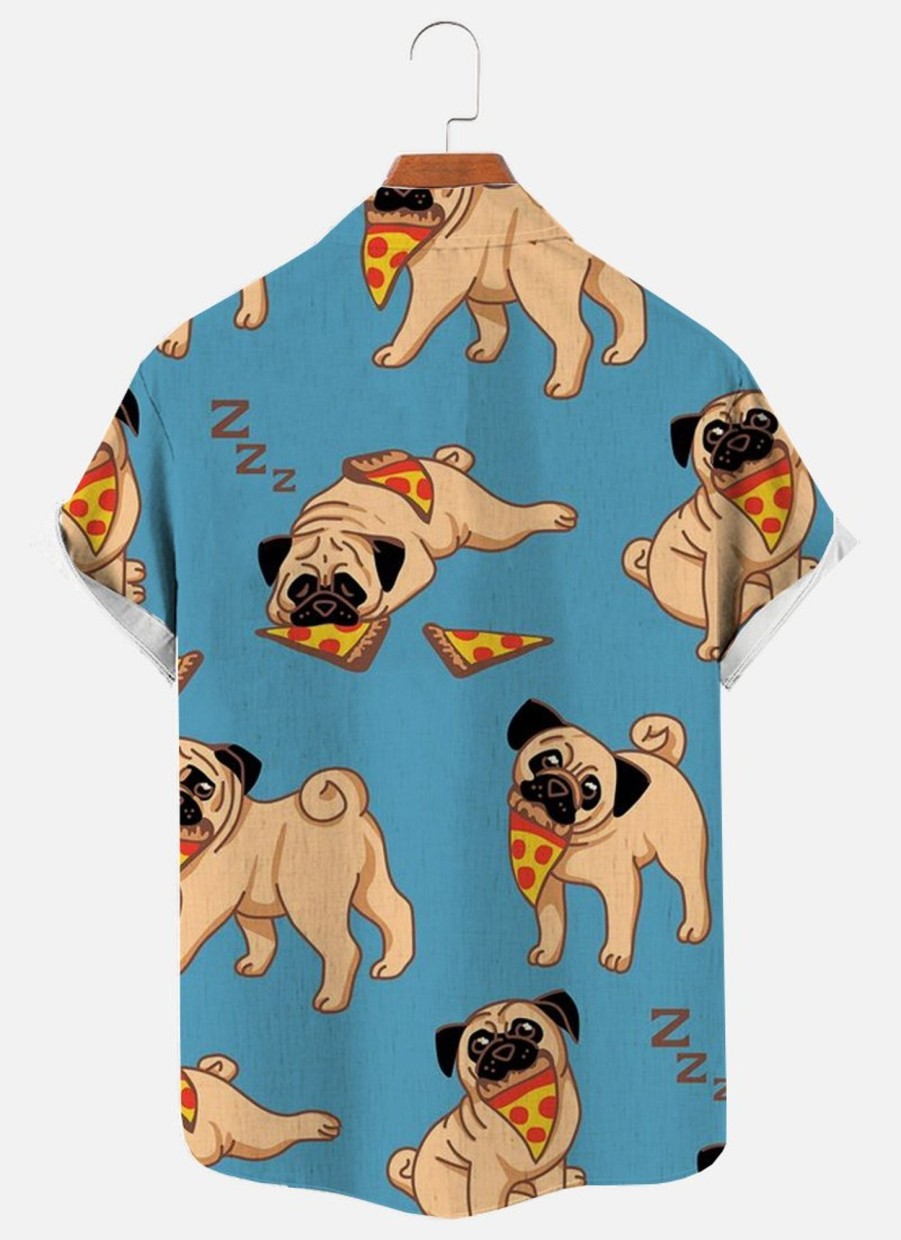 Men findercube Shirts | Men'S Pizza Bulldog Print Short Sleeve Shirt Blue