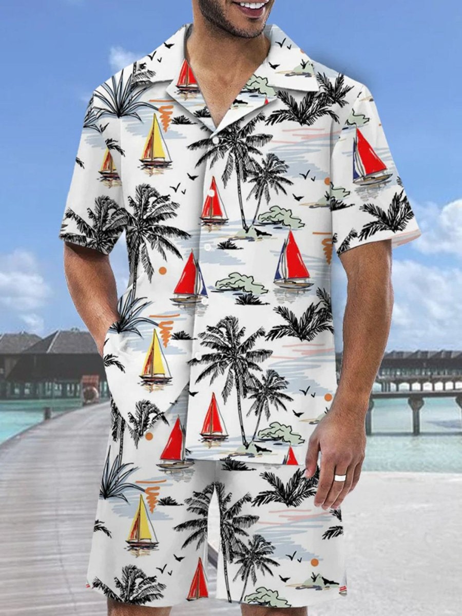 Men DJ Set | Hawaiian Summer Sunshine Boat And Palm Tree Printing Hawaiian Cuban Collar Short Sleeve Shirt Set Photo Color