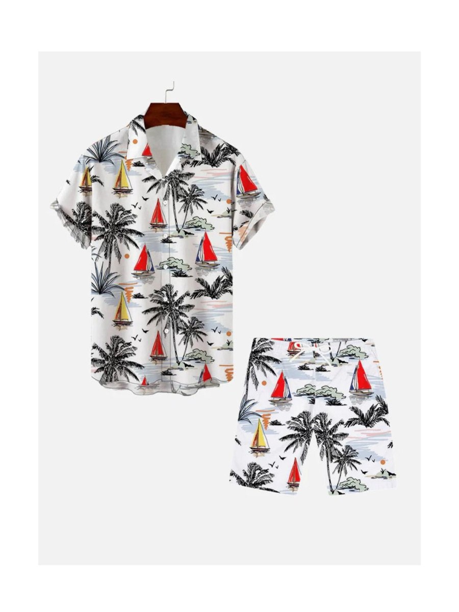 Men DJ Set | Hawaiian Summer Sunshine Boat And Palm Tree Printing Hawaiian Cuban Collar Short Sleeve Shirt Set Photo Color