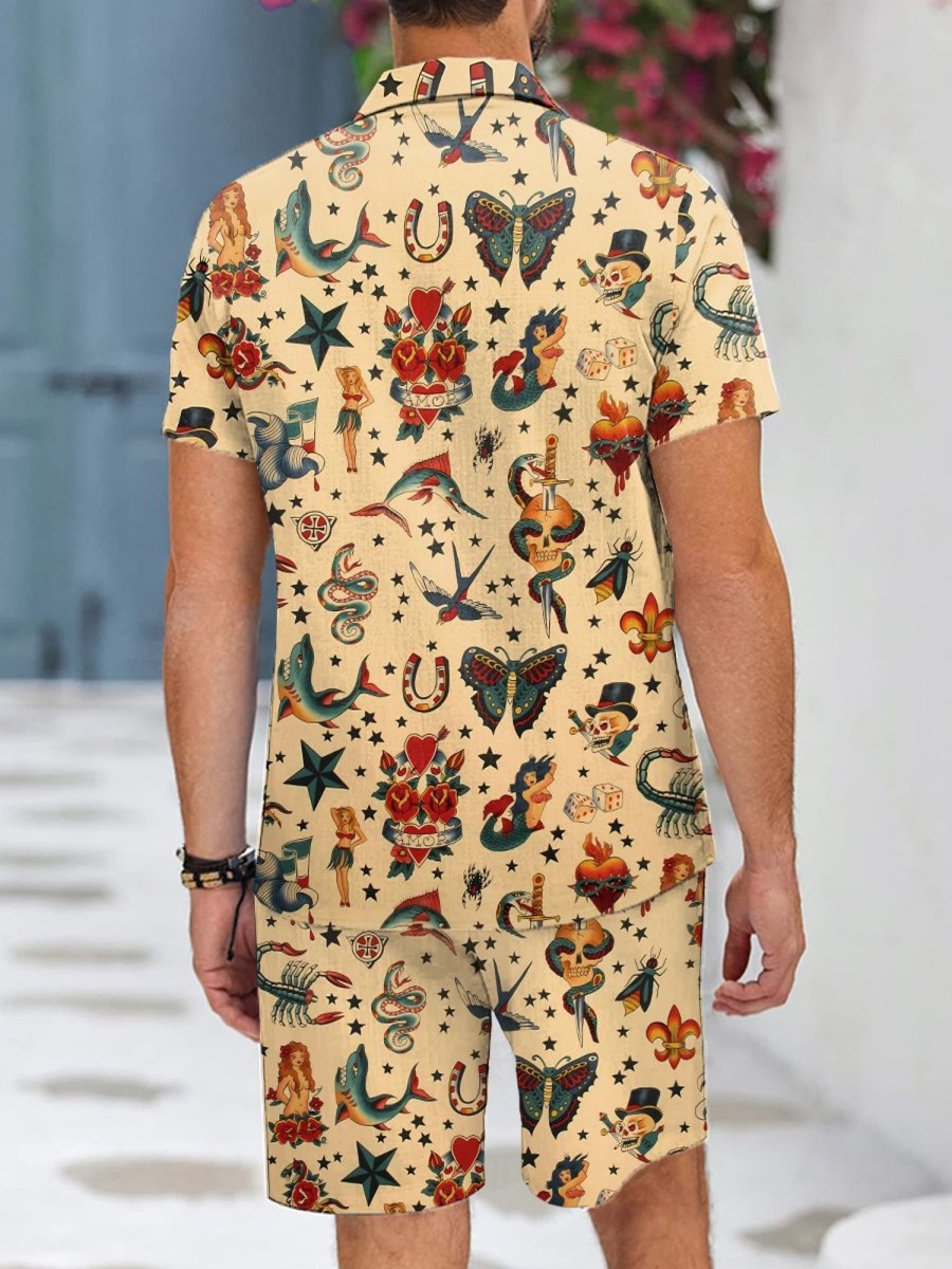 Men HWT Set | Men'S Sets Vintage Mermaid Tattoo Print Two Piece Sets Khaki