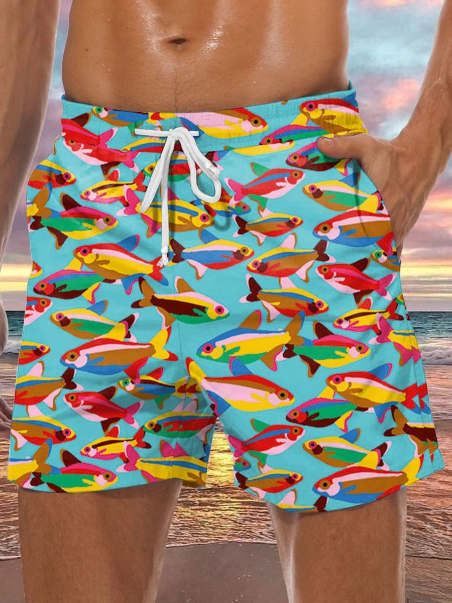 Men GYJ Bottoms | Colorful Fish Print Track Shorts Photo Color