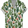 Men DJ Shirts | Watercolor Cactus Print Casual Short Sleeve Shirt Green