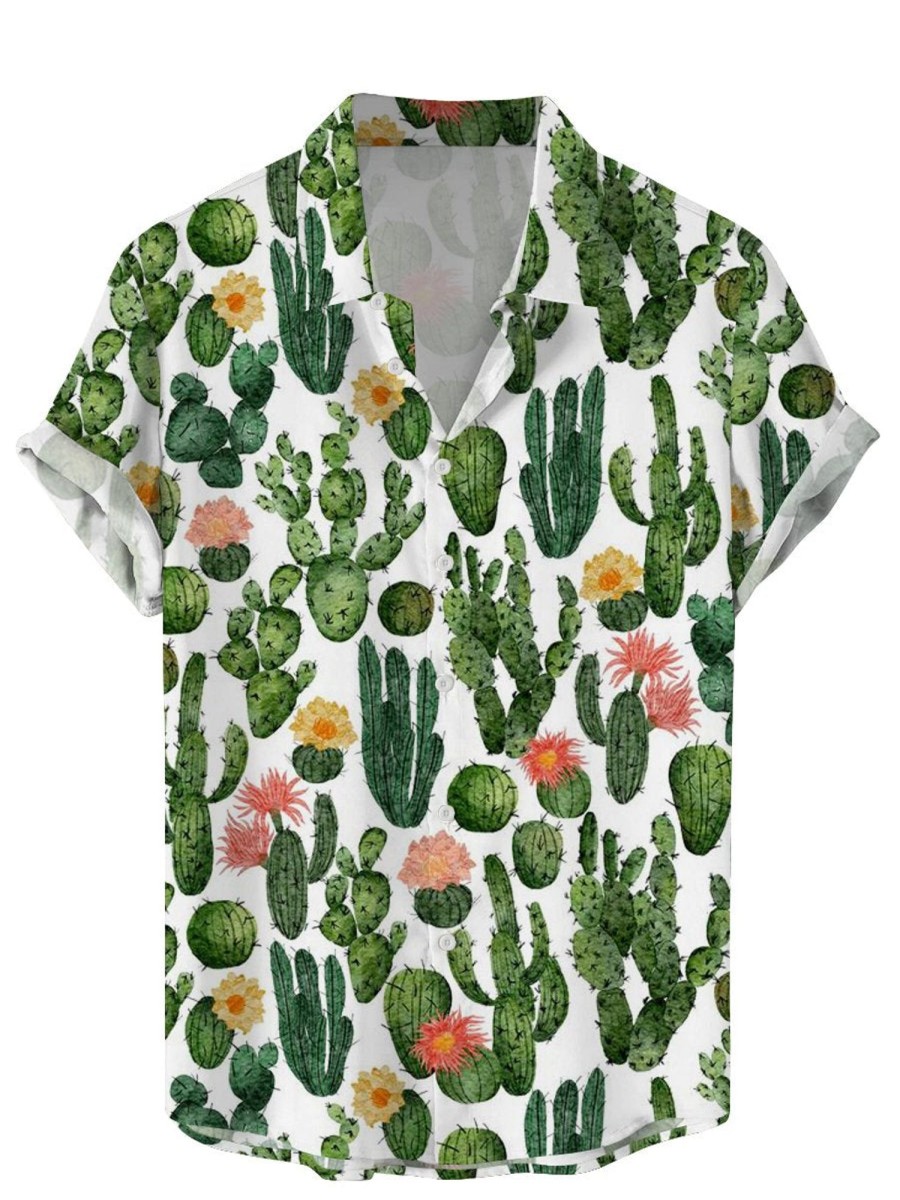 Men DJ Shirts | Watercolor Cactus Print Casual Short Sleeve Shirt Green