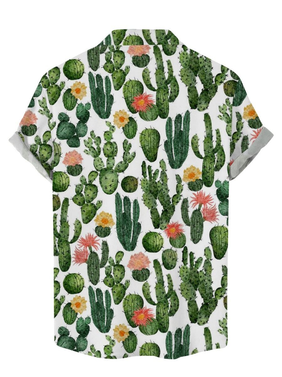 Men DJ Shirts | Watercolor Cactus Print Casual Short Sleeve Shirt Green