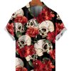 Men HLJ Shirts | Men'S Hawaiian Blooming Rose Skull Short Sleeve Shirt Black