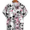 Men HLJ Shirts | Men'S Vacation Casual Peach Blossom Skull Short Sleeve Shirt White