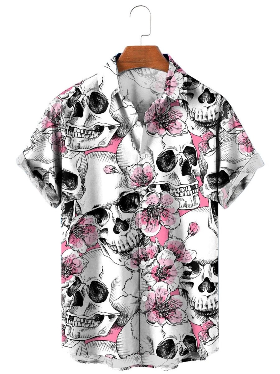 Men HLJ Shirts | Men'S Vacation Casual Peach Blossom Skull Short Sleeve Shirt White