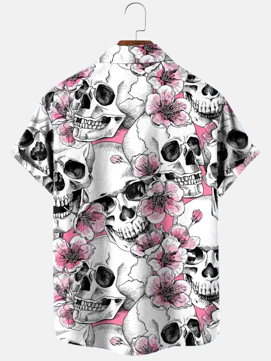 Men HLJ Shirts | Men'S Vacation Casual Peach Blossom Skull Short Sleeve Shirt White