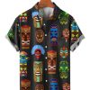 Men HLJ Shirts | Ethnic Mexican Aboriginal Mask Image Print Short Sleeve Shirt Black