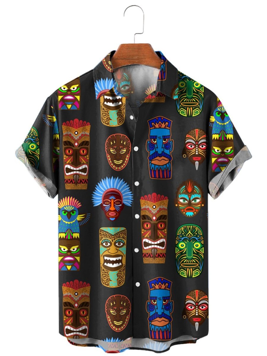 Men HLJ Shirts | Ethnic Mexican Aboriginal Mask Image Print Short Sleeve Shirt Black