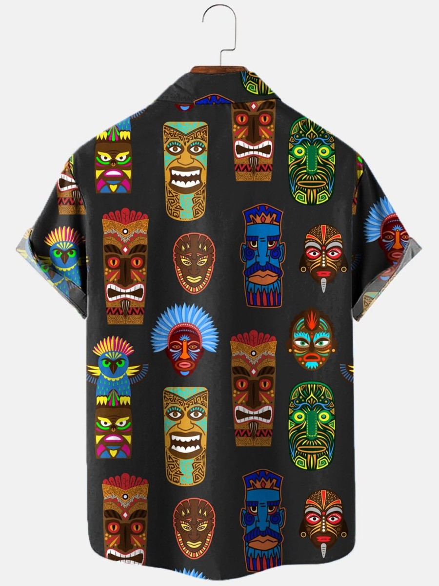 Men HLJ Shirts | Ethnic Mexican Aboriginal Mask Image Print Short Sleeve Shirt Black