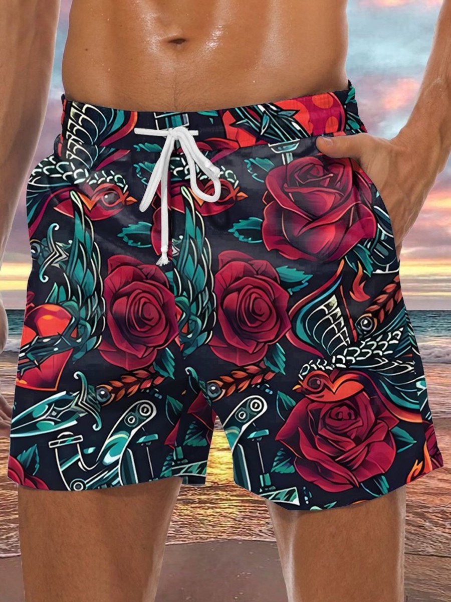 Men LJC Bottoms | Rose Dagger Print Track Shorts Photo Color