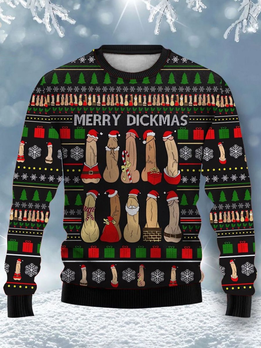 Men DJ Ugly Sweater | Creative Merry Cockstmas Crew Neck Sweatshirt Photo Color