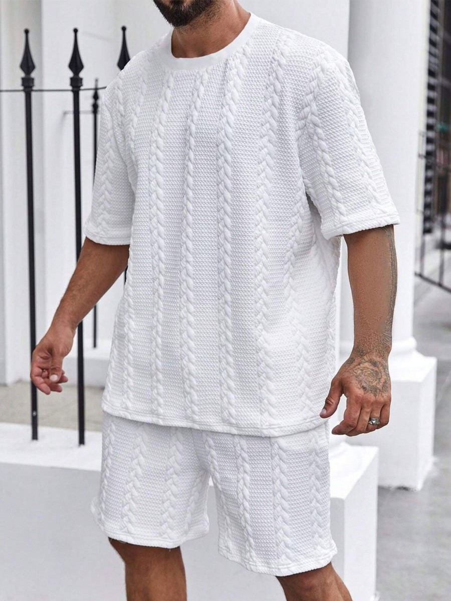 Men BXL Set | Men'S Solid Color Casual Short-Sleeved Shirt Shorts Suit White