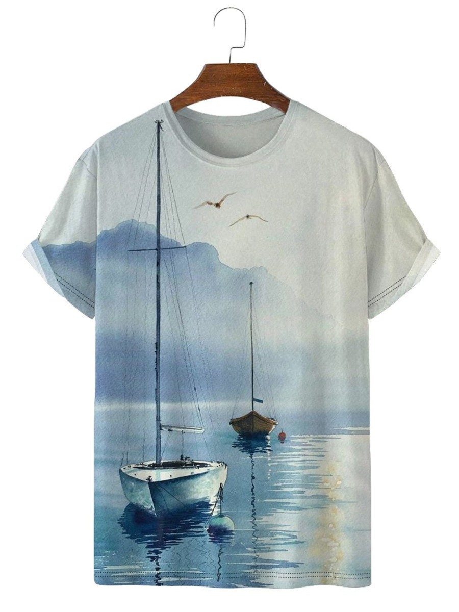 Men HLJ T-Shirts | Art Hand Painted Watercolor Boat Short Sleeve T-Shirt Light Blue