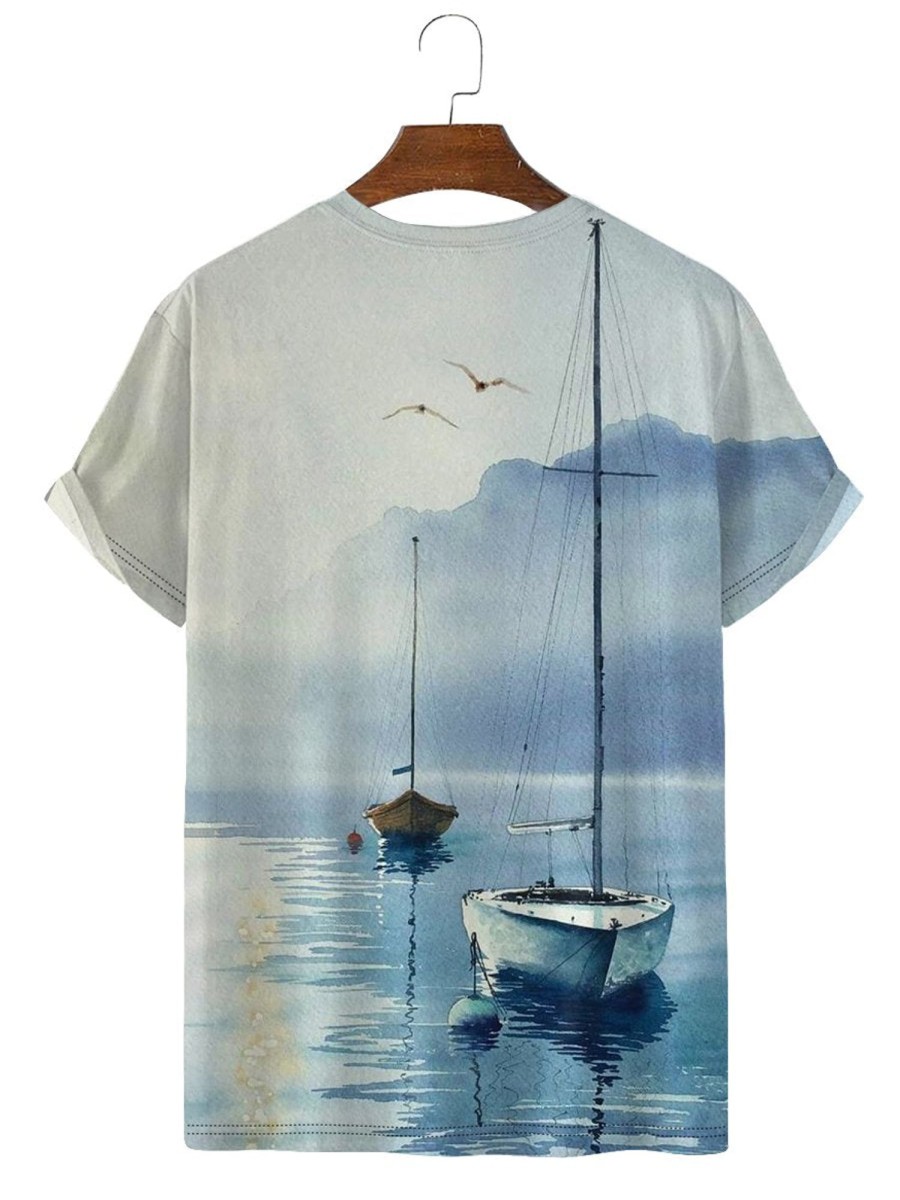 Men HLJ T-Shirts | Art Hand Painted Watercolor Boat Short Sleeve T-Shirt Light Blue