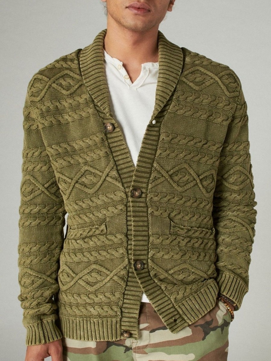 Men BXL Cardigan | Men'S Casual Double Pocket Solid Cable Knit Single Breasted Cardigan Army Green