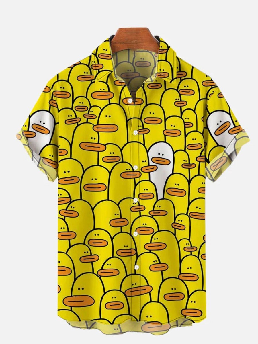 Men DJ Shirts | Duck Printing Short Sleeve Shirt Yellow