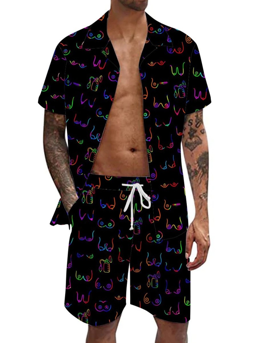 Men DJ Set | Colorful Boobs Stick Figure Print Shirt And Shorts Two Piece Set Black