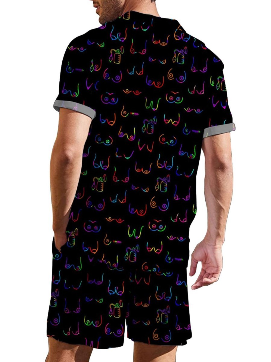 Men DJ Set | Colorful Boobs Stick Figure Print Shirt And Shorts Two Piece Set Black