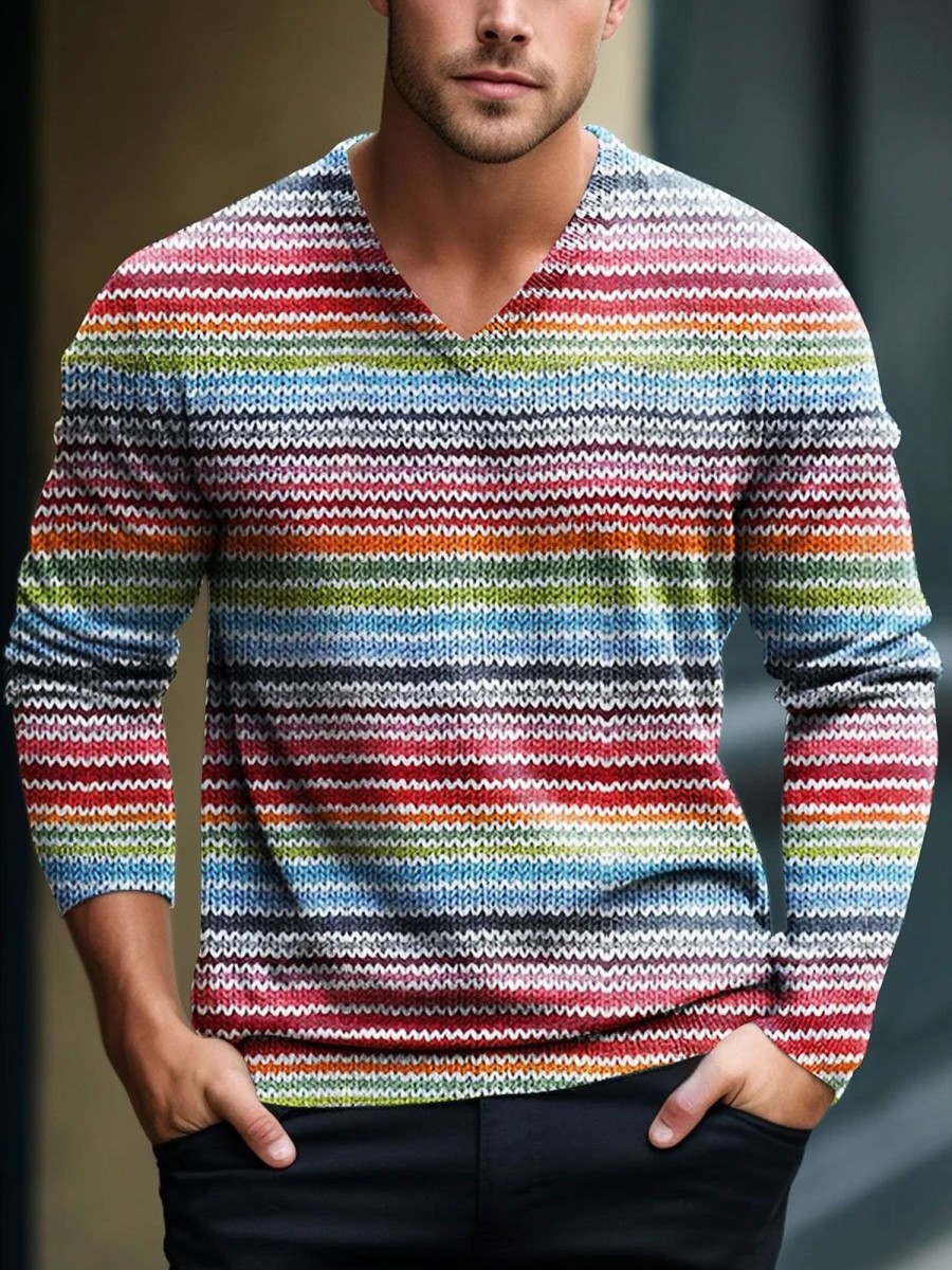 Men DJ Print Sweater | Men Rainbow Stripe Retro Bright Colourful Stripes Art V-Neck Lnit Long Sleeve Sweater Photo Color