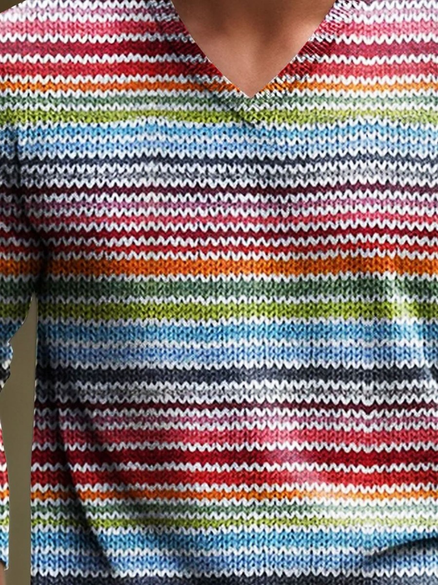 Men DJ Print Sweater | Men Rainbow Stripe Retro Bright Colourful Stripes Art V-Neck Lnit Long Sleeve Sweater Photo Color