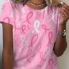 Women DJ | Breast Cancer Ribbon Print Round Neck Short Sleeve T-Shirt Pink