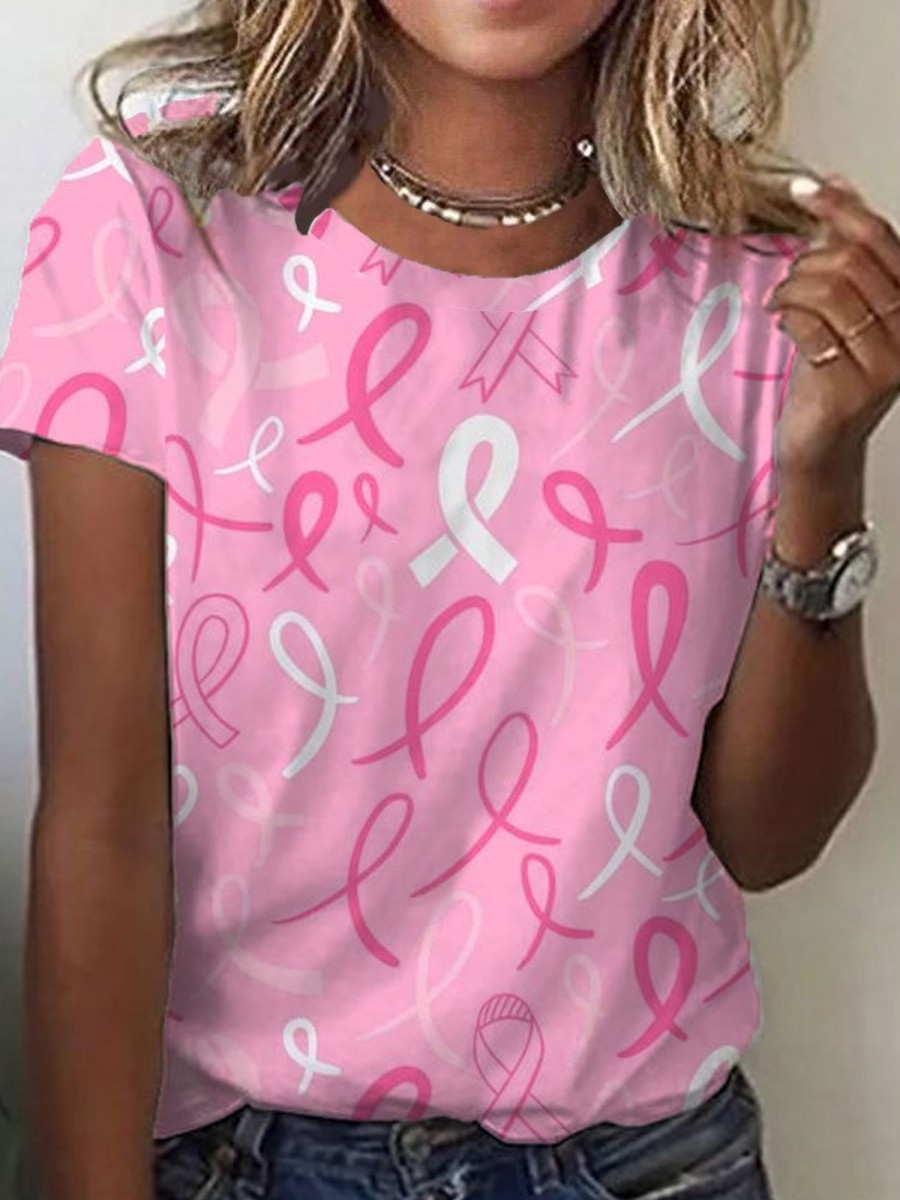 Women DJ | Breast Cancer Ribbon Print Round Neck Short Sleeve T-Shirt Pink