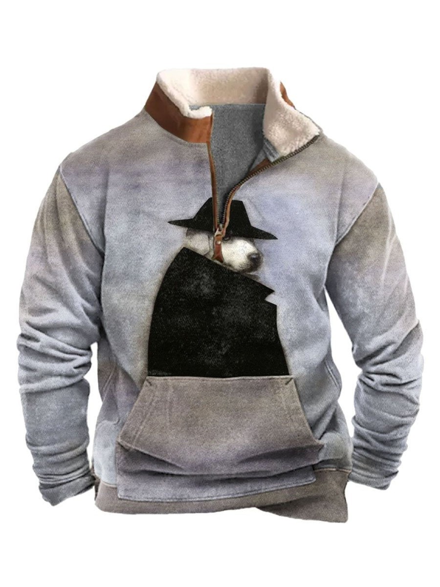 Men BXL T-Shirts | Men'S Casual Cold Protection Art Print Fur Collar Zipper Sweatshirt Gray